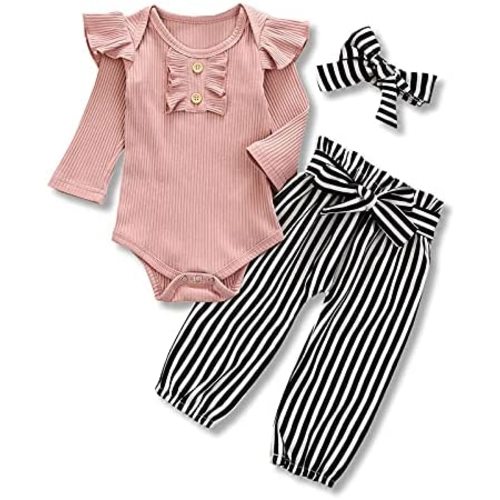 Kislio Newborn Baby Girls Clothes Ribbed Ruffled Romper+Floral Pants+Headband Infant Outfit Set