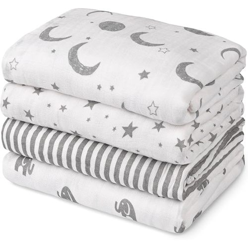 GLLQUEN BABY Muslin Swaddle Blankets 4-Pack Breathable Receiving Blankets (35" x 40") Soft Baby Blankets for Girls and Boys Newborn Essentials Muslin Burp Cloths Swaddle Wrap Baby Gift (Elephant)