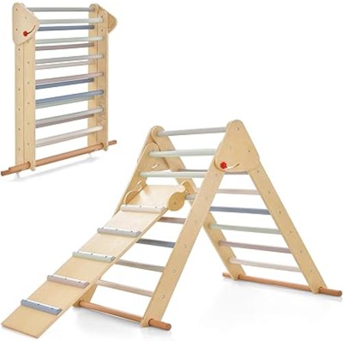 OLAKIDS Pikler Triangle Set 3 in 1 Climbing Toys for Toddlers Foldable Wood Montessori Baby Jungle Gym with Ramp Ladder Slide Kids Indoor Playground Activity Play Structure