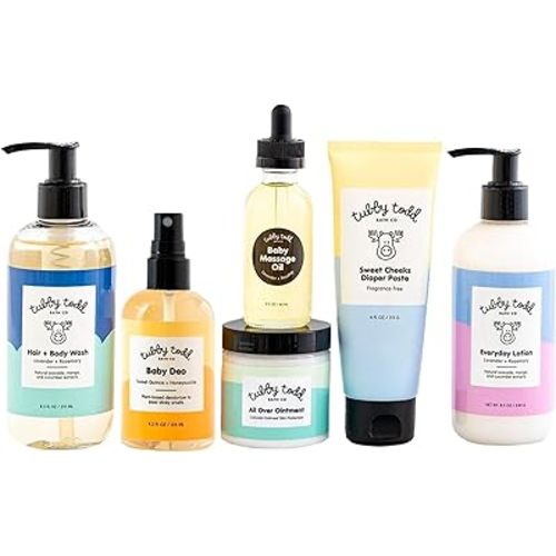 TUBBY TODD Baby Arrival Bath & Skincare Set - The Newborn Gift Set - Baby Shampoo & Body Wash, Lotion 8oz, All Over Ointment, Diaper Paste 4oz, Baby Massage Oil 2oz, Baby Deo 4.2oz - Lavender Rosemary