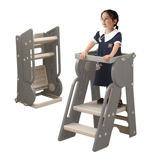 UNICOO® Kids Toddler Tower & Ladder, Kitchen Step Stool, Toddler Months 12-84 Learning Stool with Adjustable Guardrail, Toddler Step Stool for Kitchen (Koala Gray)(OM-F3)