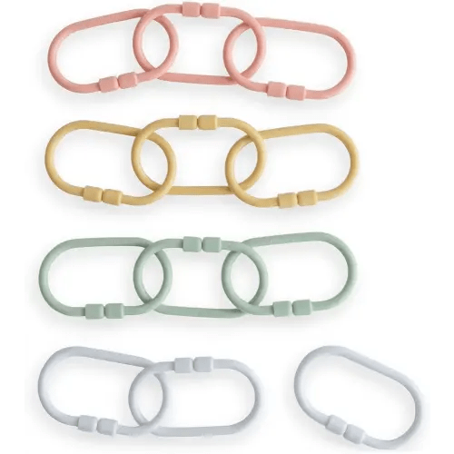 mushie Baby Chain Link Rings Toy 12-Count | Multiuse Car Seat Stroller Connecting Toy (Periwinkle, Mustard, Green, Coral)