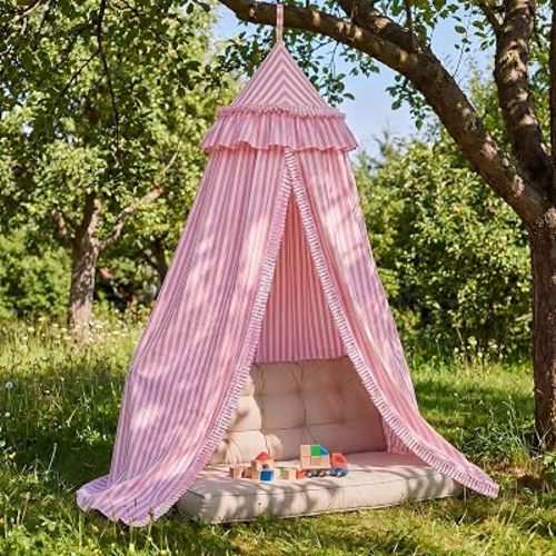 Pink Striped Bed Canopy with Ruffles, Soft Cute Decorative Tent, Hanging Bed Curtains for Reading Nook Play Area, Adult Bedroom Circus Tent Canopy