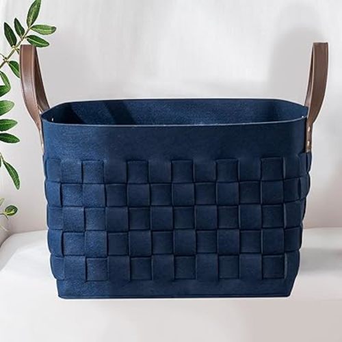 BOLDMONEKY Blankets Basket 16.5 " x13 x13 , Extra Large Rectangular Laundry Hamper with Leather Handle, Soft Dog Toy Basket for Storage-Navy Blue