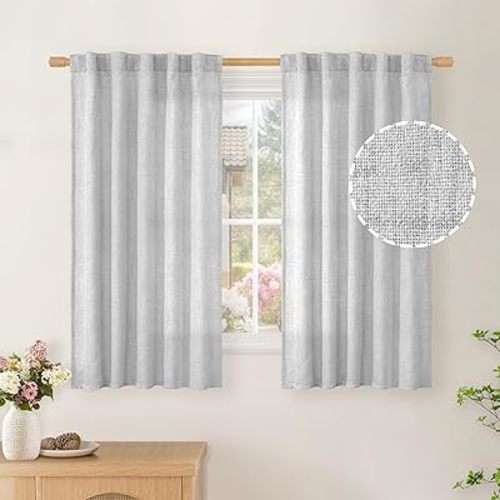 BGment Light Grey Linen Curtains 40 Inch Length - Light Filtering Short Window Drapes Privacy for Bedroom Kitchen Office Cafe Rod Pocket and Back Tab, 2 Panels, 42 Inch Wide Each Panel