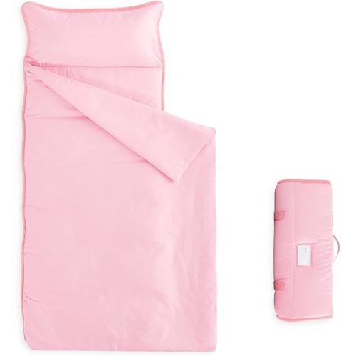 Wake In Cloud - Toddler Nap Mat with Pillow and Blanket, for Kids Boys Girls in Kindergarten Daycare Preschool Pre K, Roll Up Sleeping Bag, Solid Color, Pink, Standard
