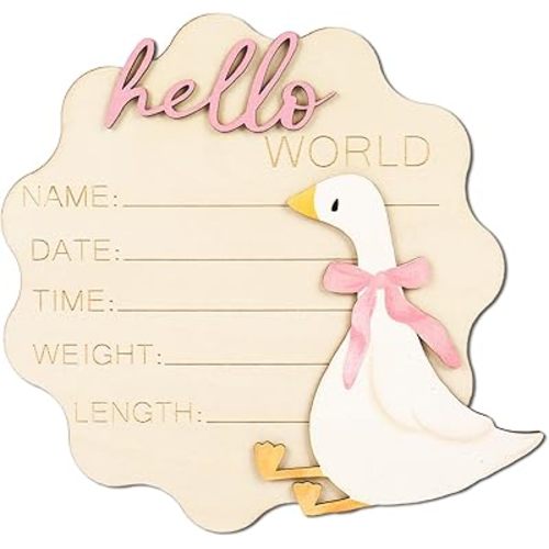 Silly Goose Birth Announcement Sign Pink Bow Goose Newborn Milestone Wooden Board Hello World Newborn Sign for First Birthday Baby Shower Photo Prop Keepsake