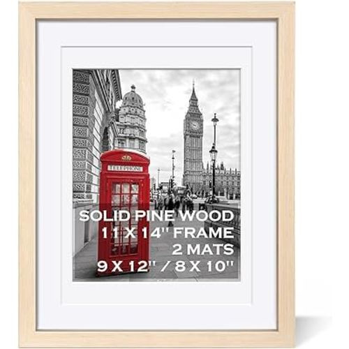 11x14 Picture Frame Solid Wood Display Pictures 9x12 or 8x10 Frame with Mat or 11x14 Frame without Mat - Photo Frame 11x14 inch with 2 Mats for Wall Mounting or Table Top, Grey