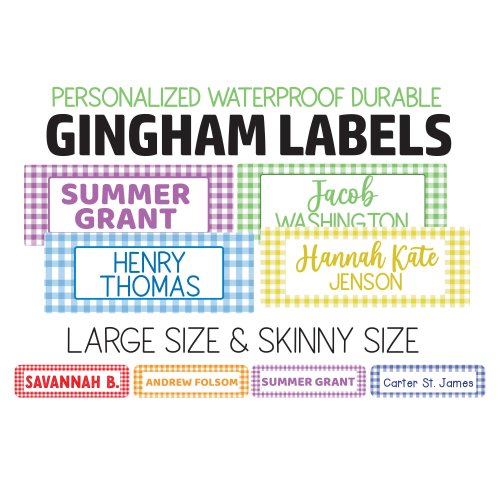 Gingham Custom Name Labels for School, Daycare and Camp | Personalized ID Stickers | Skinny and Large Size | Kids Name Stickers Plaid Design