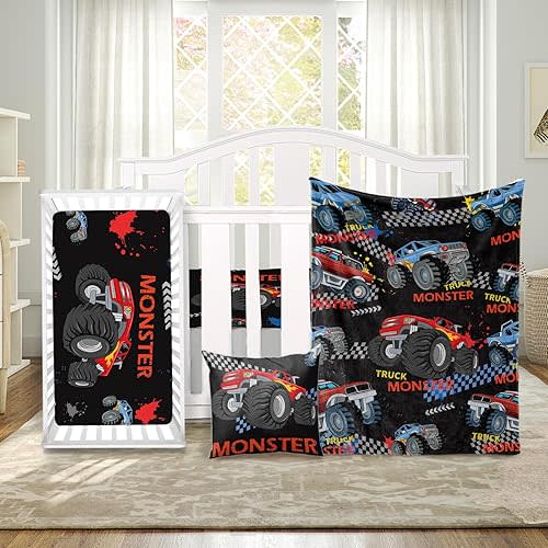 Custom Baby Crib Bedding Set 3 Piece - Personalized Name with Vehicles Design - Soft Chic Blanket, Crib Sheet, Pillowcase for Newborns Boys Girls Nursery Gifts Color15-Monster Trucks
