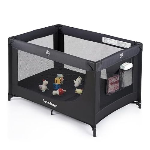 Pamo Babe Compact Pack and Play - Portable Crib for Baby, Lightweight Foldable Travel Playard with Mattress Pad & Carry Bag, Safe Breathable Travel Bed for Home, Trips & Family Visits, Black