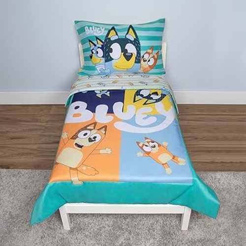 Bluey 4 Piece Toddler Bedding Set – Includes Comforter, Sheet Set – Fitted Top Sheet Reversible Pillowcase for Boys or Girls Bed, Blue