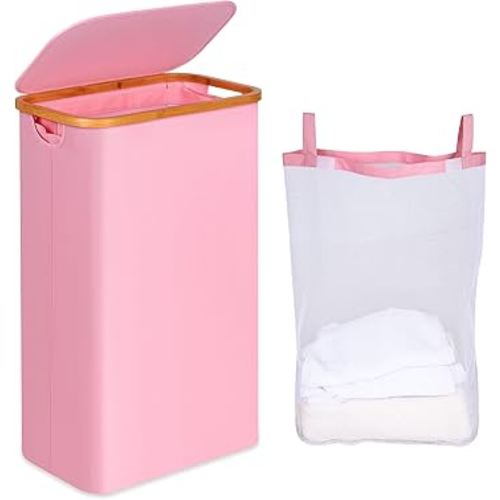 75L Slim Laundry Hamper, Narrow Laundry Basket with Lid,Foldable Clothes Hamper with Bamboo Handles,Hamper Basket with Removable Inner Bag for Laundry Room Bedroom College Dorm,19.8 Gals Pink