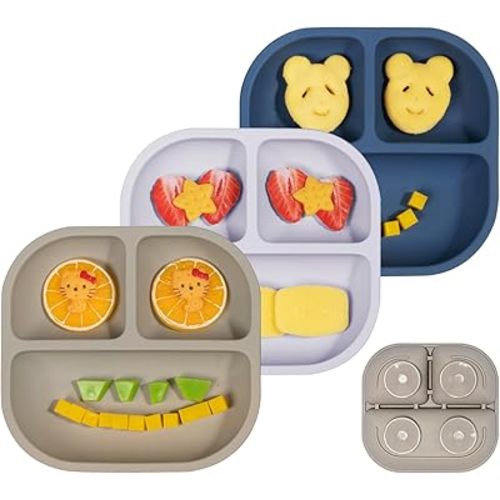 BABELIO Powerful Suction Plates for Baby and Toddler, 100% Food Grand Silicone, Divided, BPA Free, Microwave & Dishwasher Safe, Stay Put, 3 Pack