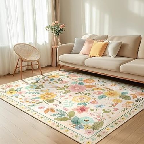Floral 4x6 Area Rug Machine Washable Boho Carpet Non Slip Doormat Low Pile Flower Area Rugs for Living Room Bedroom Kitchen Dining Room Hallway Entryway Indoor-Cream