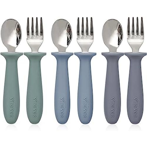 6 Pieces Toddler Utensils, Kids Safe Spoons and Forks, Children Silverware Set with Silicone Handle, 18/8 Stainless Steel, Food-grade Silicone,BPA Free - Dishwasher Safe