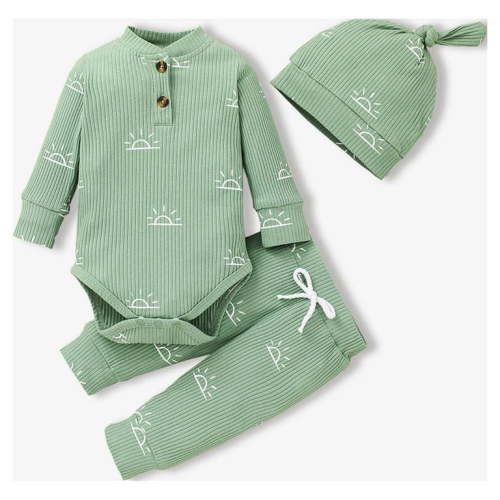 PatPat Newborn Baby Pajamas Boy Girl Clothes Cotton Ribbed Long Sleeve Romper and Pants Outfit Sets, 3-6 Months