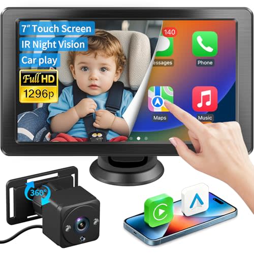 Faninso Baby Car Camera, 1296p HD, Car Baby Monitor with 7" Touchscreen, CarPlay, No-Glow Night Vision, 150° Wide Angle, Live Rear Seat View, Easy Installation, Fits Most Cars