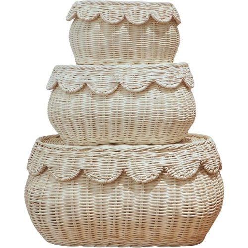 Scalloped Basket Set of 3 – Woven Seagrass Storage Baskets with Lids – Decorative Natural Bins Baskets for Organizing, Boho Home, Shelves, Bathroom Decor