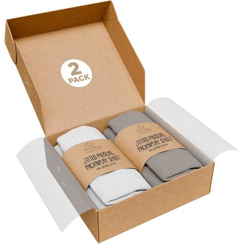 Pack and Play Sheets Fitted - Portable Mini Crib Mattress Sheet for Boys & Girls - Soft Muslin Cotton Playard Sheets - Play Yard Mattress Cover - Fits Most Pack n Play - Safe and Snug for Baby 2 Pack