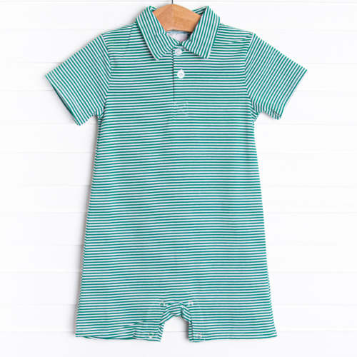 Levi Short Romper, Forest Green Stripe
–
Stitchy Fish