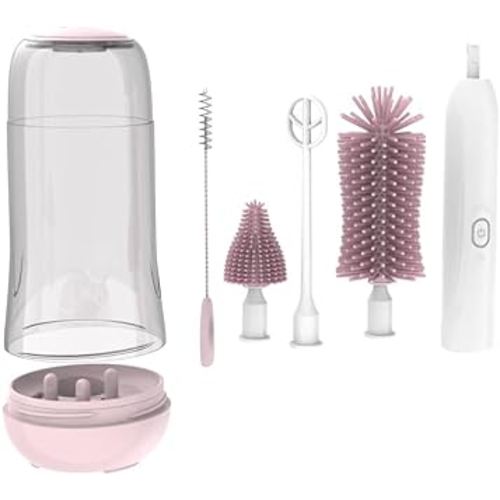 MomMed Electric Bottle Brush, Electric Baby Bottle Brush Set with Silicone Bottle/Pacifier/Straw Brush and Mixing Head, Waterproof Bottle Cleaner Brush with Drying Rack, 2 Modes & 360° Rotation Pink