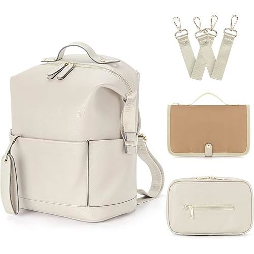 Minsong Diaper Bag Backpack, Waterproof Leather Diaper Bags With Changing Station for Baby, Fashion Nappy Travel Backpack for Mom Dad