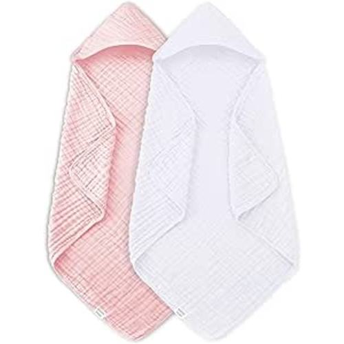 MOON PARK 2 Pack Muslin Hooded Baby Bath Towels for Newborns, Infants, Toddlers - 100% Cotton - Large 32x32Inch Size - Highly Absorbent and Essential, White and Pink