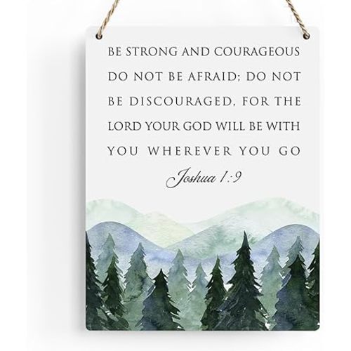 BELLOWDEER Inspirational Decor Be Strong and Courageous Joshua 1:9 Scripture Wooden Hanging Sign Christian Gift for Baby Kids Girl Boy Nursery Teen Room Bible Verse Wall Art 8 x 10 Inches