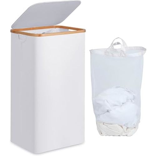 Laundry Basket with Lid and Removable Bag, 100L Tall Laundry Hamper with Bamboo Handles, Aesthetic Dirty Clothes Bin for Laundry Room, Bathroom, Bedroom and Dorm, White