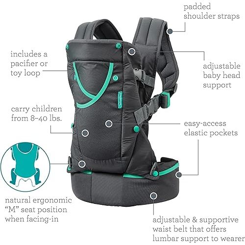 Infantino Carry On Active - Ergonomic Multi-Pocket Infant & Toddler Carrier, 8-40 lbs, with Padded Straps, Lumbar Belt Storage & Pacifier Loop