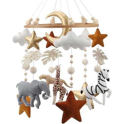 Safari Mobile for Crib - A Handmade Gender Neutral Safari Crib Mobile with Gold Stars and Clouds for a Jungle Theme Nursery