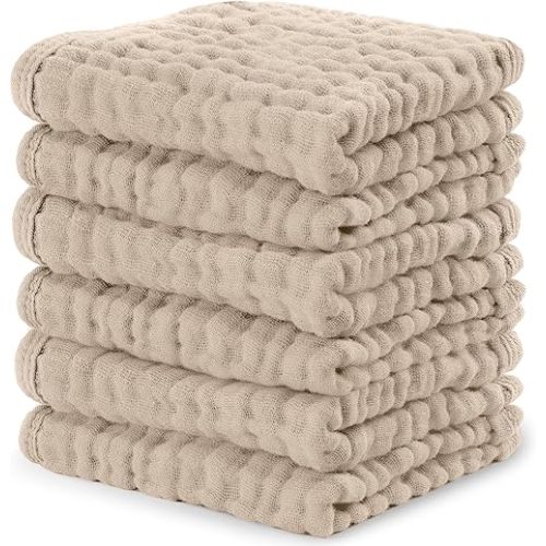 Comfy Cubs Muslin Baby Washcloths 6 Pack - Soft 6-Layer Cotton Wash Cloths for Sensitive Skin - 10"x10" Large, Gentle, Absorbent Infant Essentials for Newborn and Toddlers - Sand
