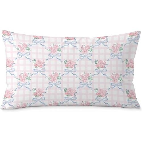 Coquette Blue Bow Pillow Covers 12x20, Coquette Room Decor, Preppy Pink Rose Floral Pillow Covers, Preppy Room Decor, Girly Bedroom Decor, Coquette Stuff, Bow Room Decor