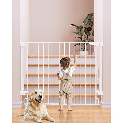 Cumbor 34" Extra Tall No Bottom Bar Baby Gate for Stairs, Wall Mounted Dog Gate Indoor for Larger Pets, Expandable 29.2-43" Safety Gate for Doorways, Wide Walk Thru Door for Easy Access (White)
