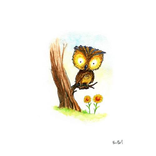 Little Yellow Owl and Sunflowers Watercolor Print