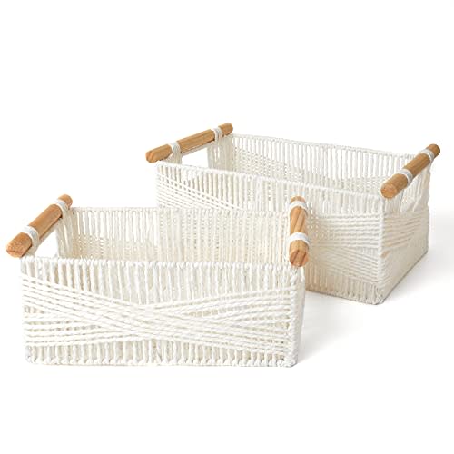 LA JOLIE MUSE Wicker Storage Baskets for Organizing, Recyclable Paper Rope Basket with Wood Handles, Decorative Hand Woven Basket Organizers for Makeup Books Shelves Living Room, White, Set of 2