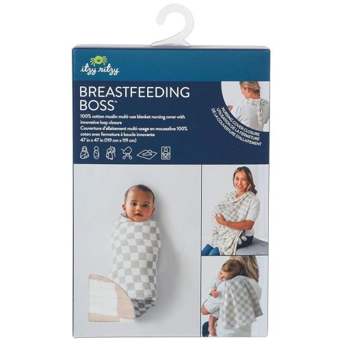 Itzy Ritzy Breastfeeding Boss Multi-Use Cover – A Nursing Cover, Swaddle, Car Seat Cover, Tummy Time Mat & Burp Cloth All in One – Made of Soft Muslin Fabric & Measures 47” x 47” (Checkerboard)
