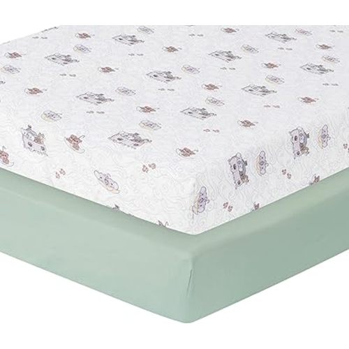 Precious Moments Noah’s Ark Fitted Crib Sheet 2 Pack for Baby Boy by Everyday Kids; 1 Animals on the Ark Printed Crib Sheet and 1 Solid Bright Green; Adorable Wildlife Elephants, Giraffes, Bears Print