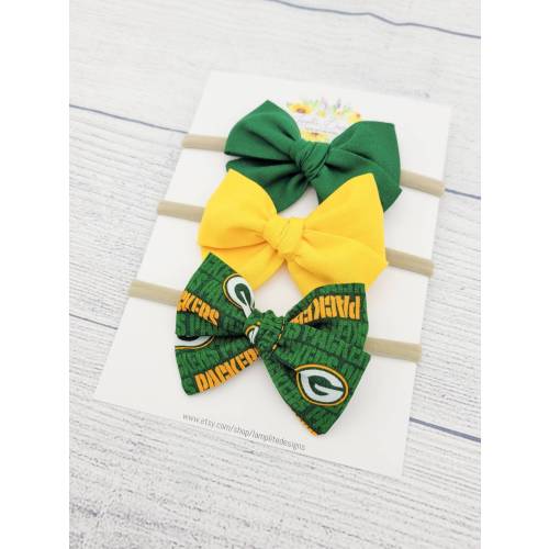 Green Bay Packers set of 3 fabric hair bows - green yellow hair bows - football bow - baby shower gift - toddler child - clips or headbands