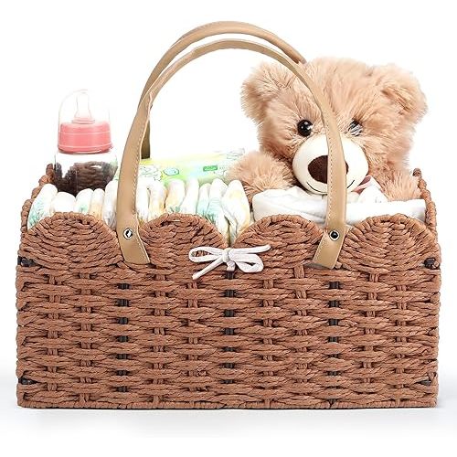 Wicker Diaper Caddy Organizer - Woven Paper Rope Storage Baskets Nursery Bin Scalloped Rattan Diaper Caddy Basket with Removable Divider for Baby Shower Newborn Nursery Storage