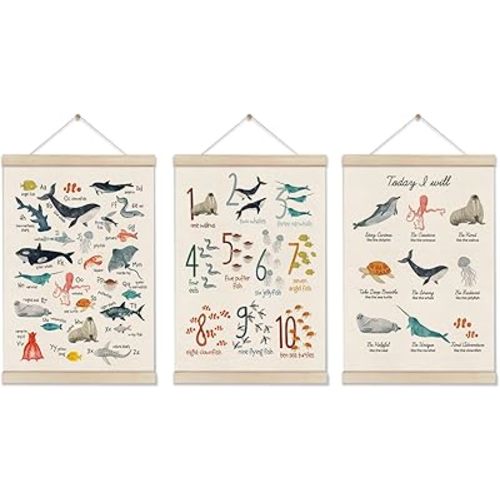 DOI-LANEE Set of 3 Ocean Posters Hanger Frame, Educational Posters Toddler, Ocean Room Decor, Alphabet Montessori Wall Chart, Sea Animal Wall Art for Classroom Playroom Bedroom 16x12 Inch