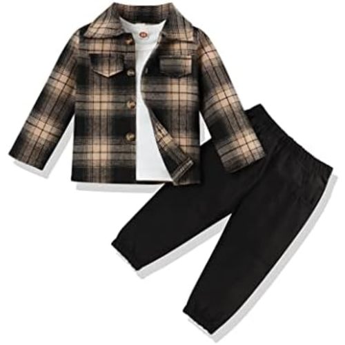 3Pcs Toddler Baby Boy Outfits Plaid Flannel Shirt+T Shirts+Pants 6M-5T