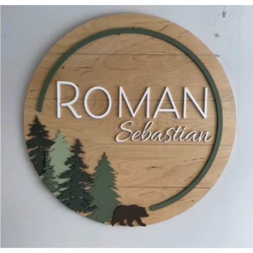Forest Wood Name Sign | Round Sign | Nursery | Bear | Woodland | Baby Shower Gift | Baby | Boy | Kids room Decor | Personalized