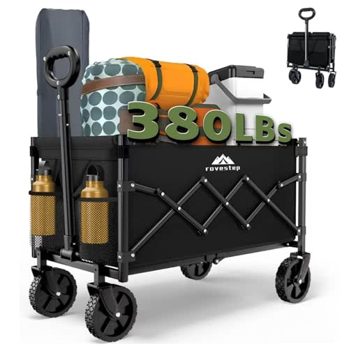 RoveStep Max Collapsible Folding Wagon - Heavy Duty Utility Cart, 65L Capacity, 380 lbs Load, All-Terrain Wheels, Compact Fold for Camping, Garden, Beach, Shopping (Black)