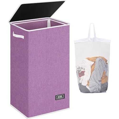 SOLEDI Laundry Hamper with Lid 100L Large & Tall Collapsible Laundry Basket, Clothes Hamper with Bag Removable Easy to Carry, Dirty Hampers for Bedroom, Bathroom, Dorm, College, Purple