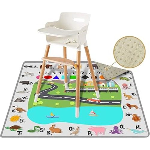54" XL Splat Mat for Under High Chair- Creative Design for Art Floor Cover, Food Spills for Baby or Toddler. Non Slip, Waterproof, Machine Washable, Durable, Reusable (Fun and Educational)