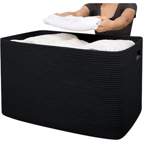 OIAHOMY 118L XXXLarge Cotton Rope Storage Basket, Oversized Blanket Basket, Used for Organizing Dirty Clothes in Living Room, Bedroom, Nursery, Dog Toy Storage Bins, 25" x 17" x 16",Black