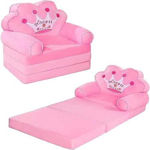 MOONBEEKI Kids Couch Fold Out, Foldable Princess Chair for Toddlers 1-3, Sofa Bed for Kids Folding Toddler Bed Lounger Chair for Bedroom （Pink）