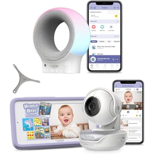 HUBBLE CONNECTED Eclipse Sound Machine and Nursery Pal Touch Bundle; 5" Smart WiFi Baby Monitor w/Camera & Audio; Flexible Wall Mount; Pan Tilt Zoom; 2Way Talk, & Smartphone App